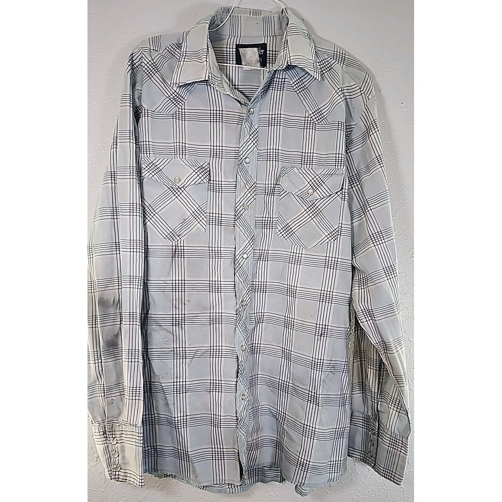 VTG Wrangler Western Shirt Mens 15-34 Light Blue Plaid‎ Cowboy Cut Pearl Snap